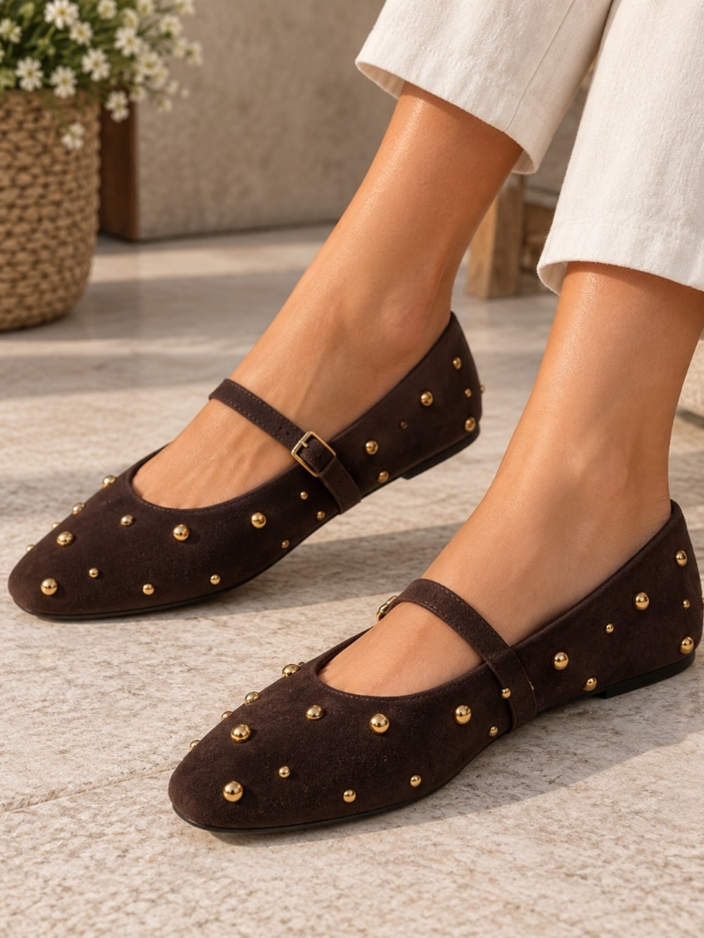 ZARA Chocolate Suede Gold Stud Flats